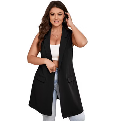 Plus Size Sleeveless Long Blazer Vest Notch Lapel Open Front Mid Length Suit Waistcoat with Flap Pockets Black 5XL | Target