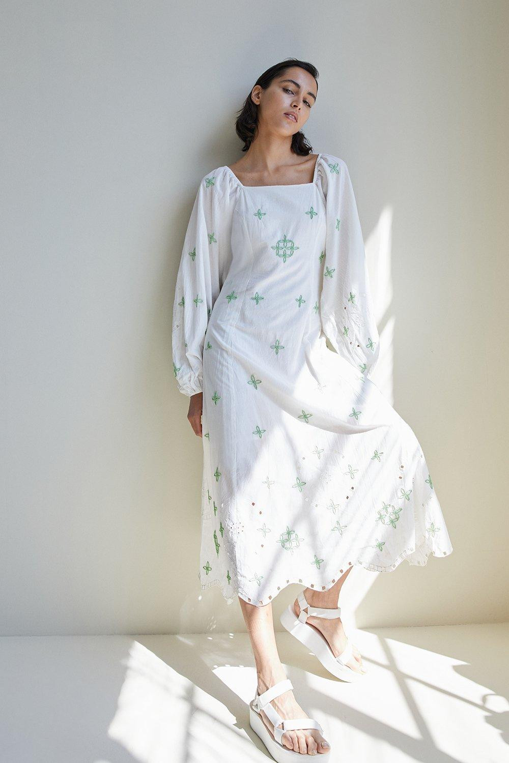 Beaded Cutwork Cotton Maxi Dress | Warehouse UK & IE