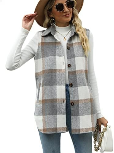 Tanming Women's Plaid Vest Brushed Flannel Sleeveless Shacket Shirt Jacket with Pockets | Amazon (US)