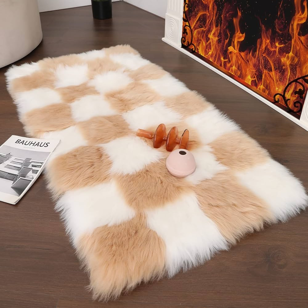 CKLZSAY Faux Fur Sheepskin Rug Super Soft Fluffy Plush Checkered Area Rug Bedroom Floor Children'... | Amazon (US)