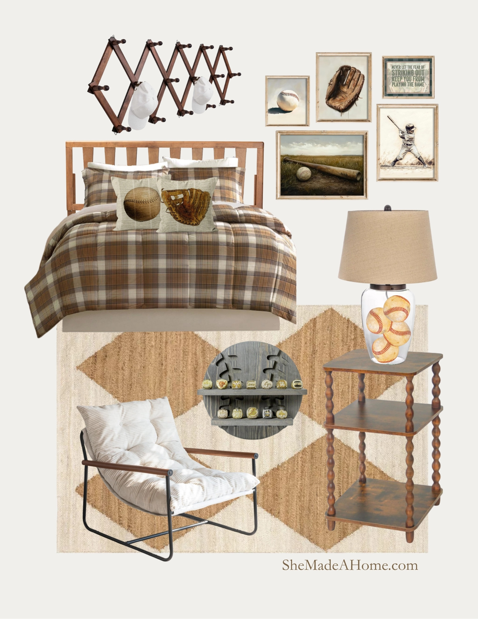 Classic Baseball Boys Bedroom ⚾🤎
Step up to the plate with this timeless baseball-themed boys bedroom design. A warm plaid bedding set, vintage baseball wall art, and sporty details like glove and ball accent pillows create a space any baseball fan will love. The natural jute rug, cozy lounge chair, and wooden spindle side table add warmth and texture, making this room feel both comfortable and full of character.

From the bat display shelf to the baseball lamp, every detail celebrates the love of the game while keeping the design stylish and budget-friendly.

🛏 Shop the exact pieces I used to create this baseball bedroom — all linked below so you can hit a home run with your own design.

#LTKHome #BoysRoomDecor #BaseballBedroom #SportsRoomInspo #KidsRoomIdeas #SheMadeAHome #RoomRecipe #BudgetFriendlyHome #ShopTheLook 

 #LTKHome #LTKKids