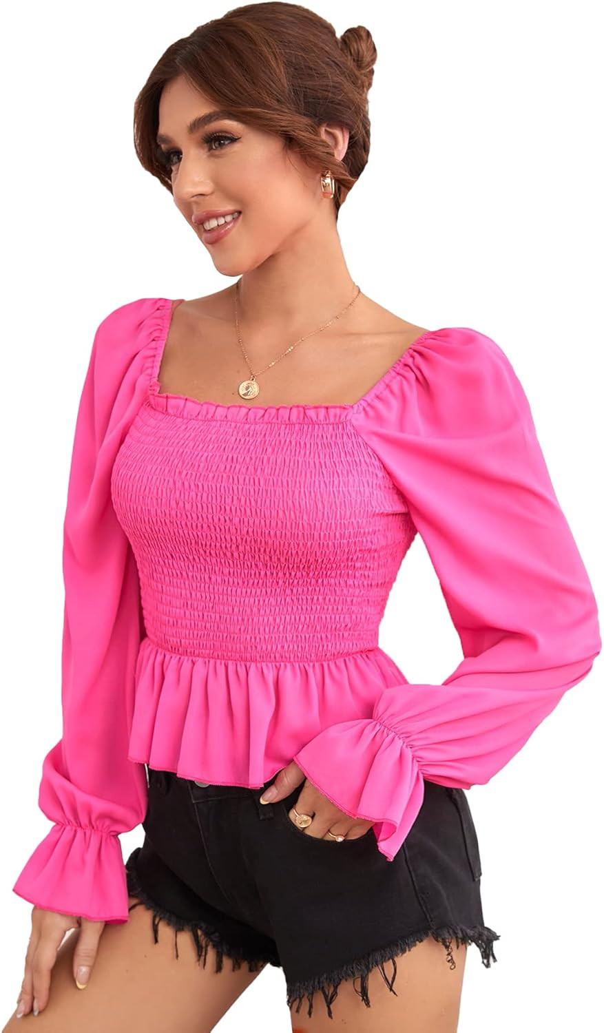 Floerns Women's Square Neck Puff Sleeve Shirred Blouse Crop Top | Amazon (US)