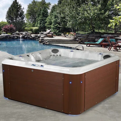 Amplified™ 7-Person 100-Jet Lounger Hot Tub Spa with Bluetooth Stereo, 3 Pumps, LED Lighting, Stainless Steel Heater and Ozonator, Insulated Cover Inc | Wayfair North America