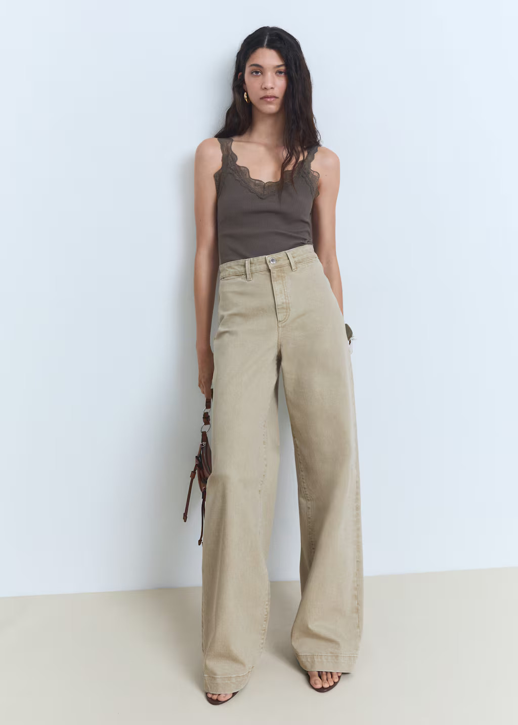 Wide leg high-waist full-length jeans khaki - Women - 12 - MANGO | Mango (US/MX/AU)