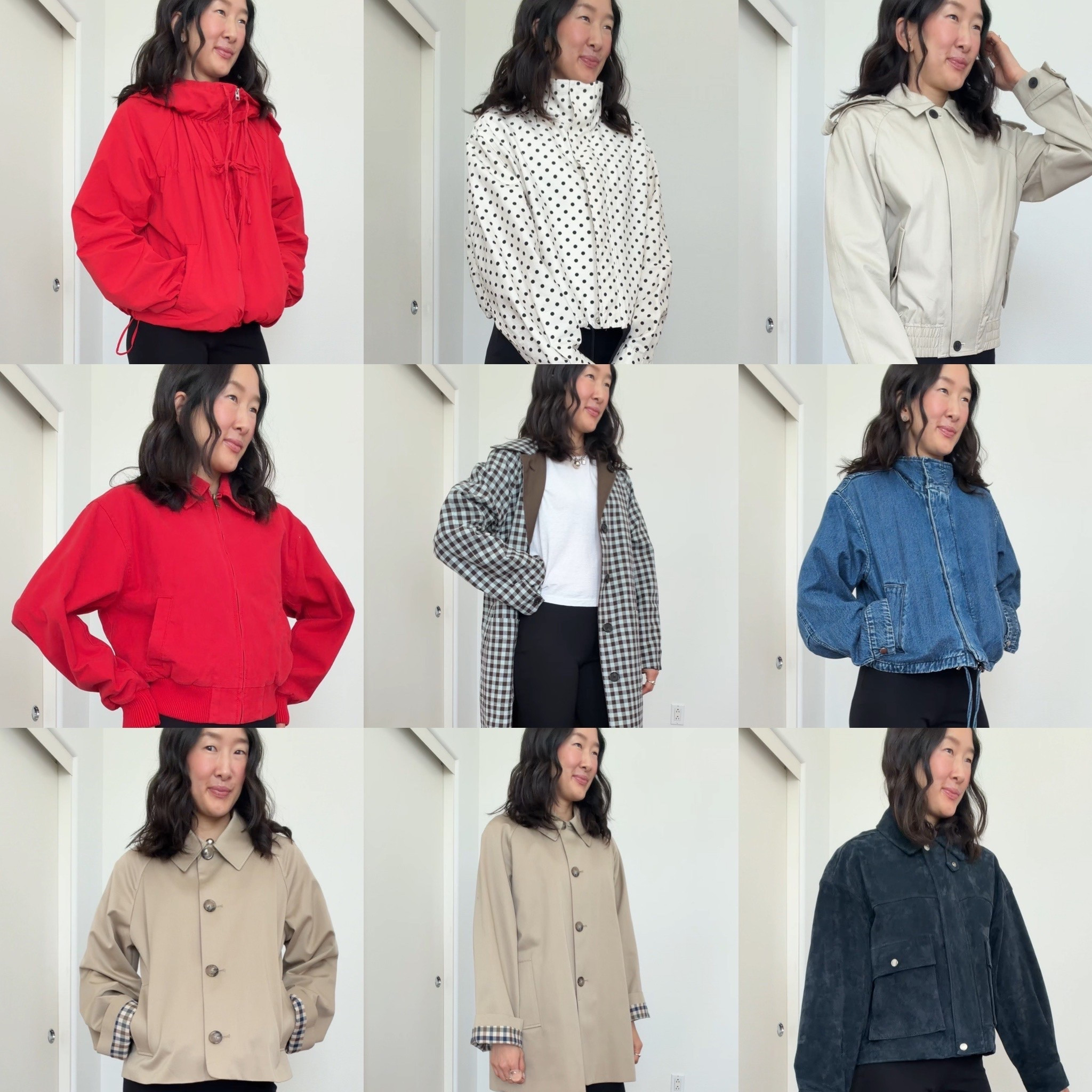 Xs in all zara, (polka dot is from last year so linked similar, xs regular in banana reversible car coat, xs denim Madewell, 2 in both sezane! Xs in pink banana republic denim jacket! Capris are the skyline ones! 