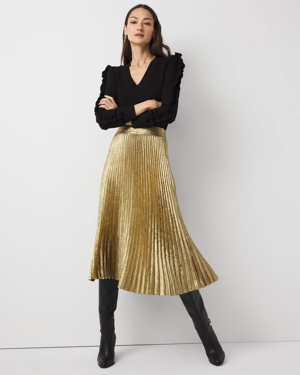 Pleated Chiffon Metallic Midi Skirt | White House Black Market | White House Black Market