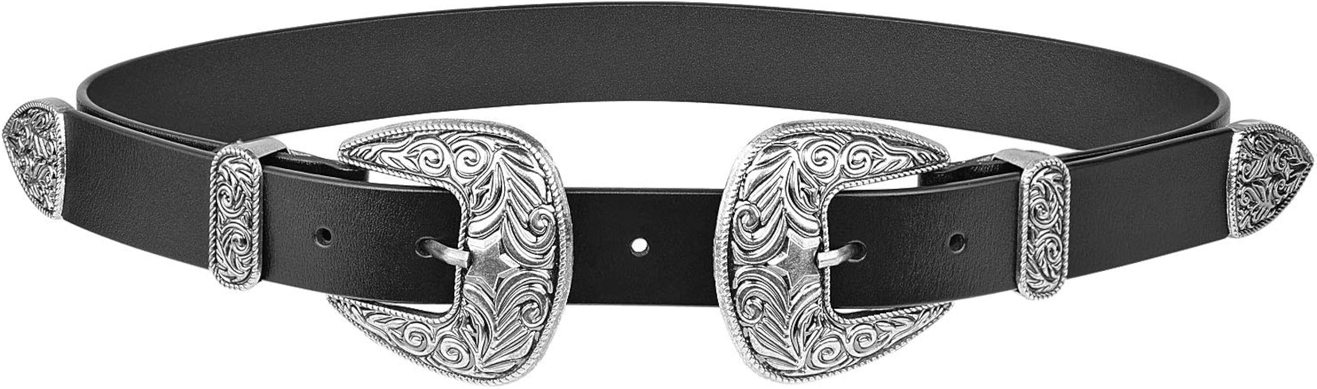 Women Vintage Western Leather Jeans Belts Ladies Designer Dress Belt Silver Buckle | Amazon (US)