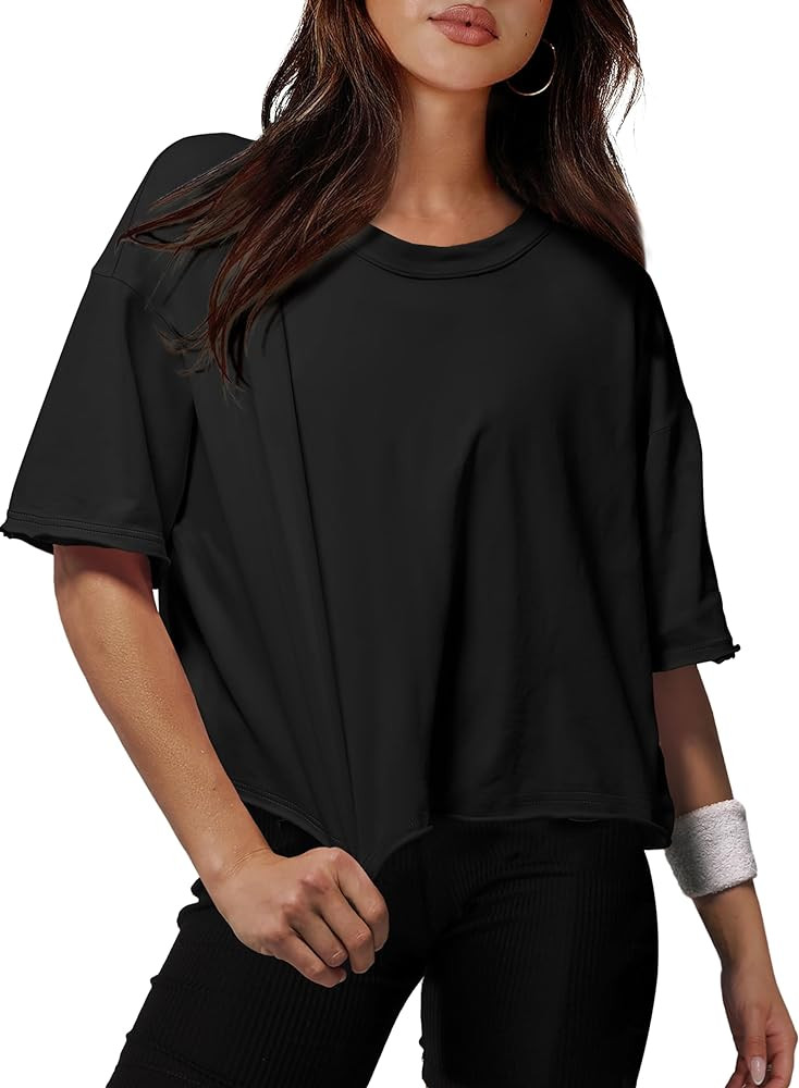 XIEERDUO Cotton Tshirts for Women Drop Shoulder Round Neck Oversized Crop Tops Workout Tops Tees | Amazon (US)