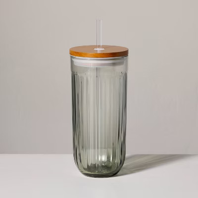 21oz Fluted Glass Tumbler with Wood Lid Green - Hearth & Hand™ with Magnolia | Target
