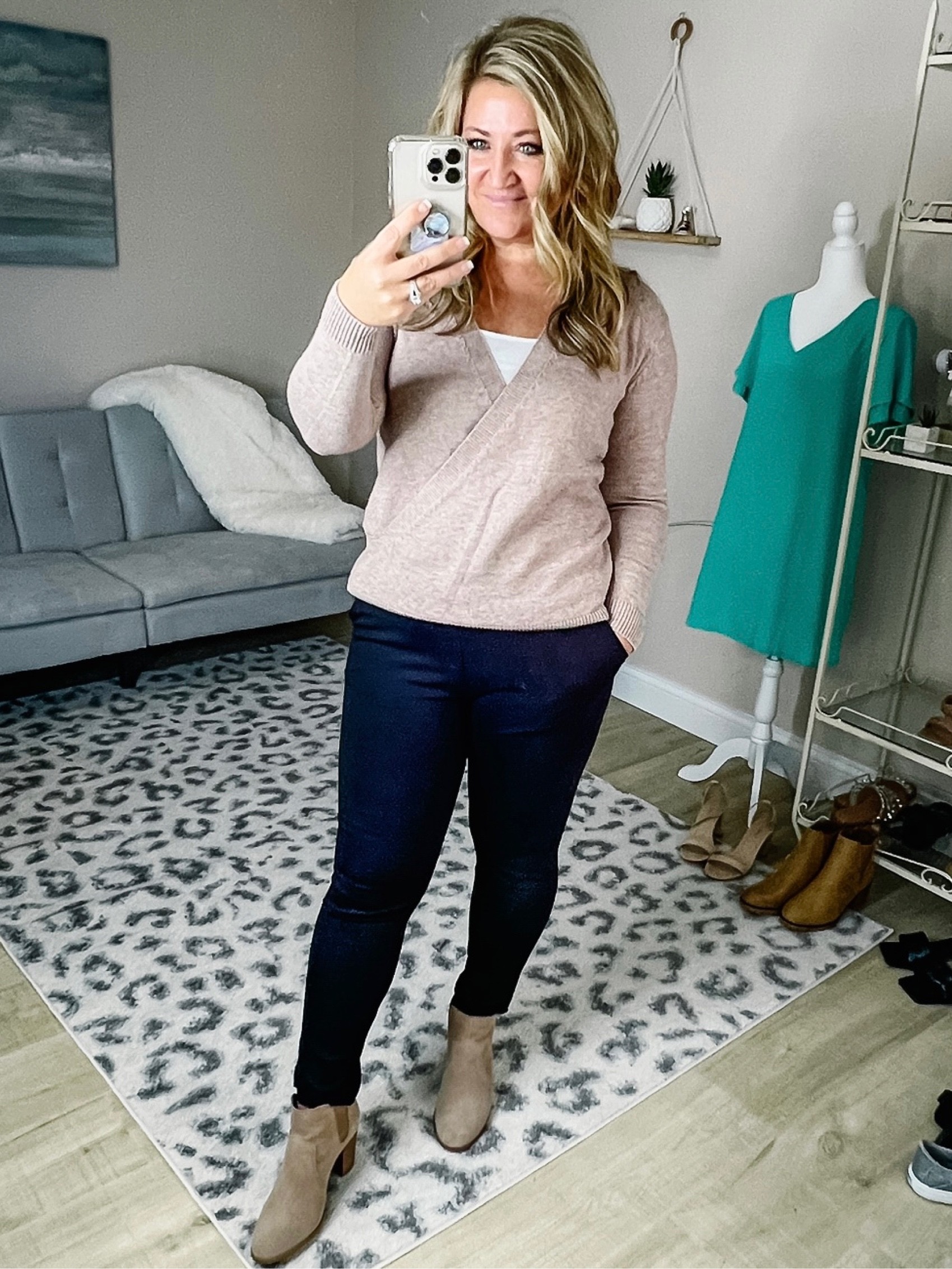 Casual wrap sweater with room in the bust! Great workwear piece to pair with these dress pants that have the most AMAZING stretch! Curvy Girl approved! Midsize, Size 8 to Size 10, workwear outfit, comfy casual style ideas, what to wear to office, V-neck sweater. 

#LTKworkwear #LTKcurves #LTKunder50