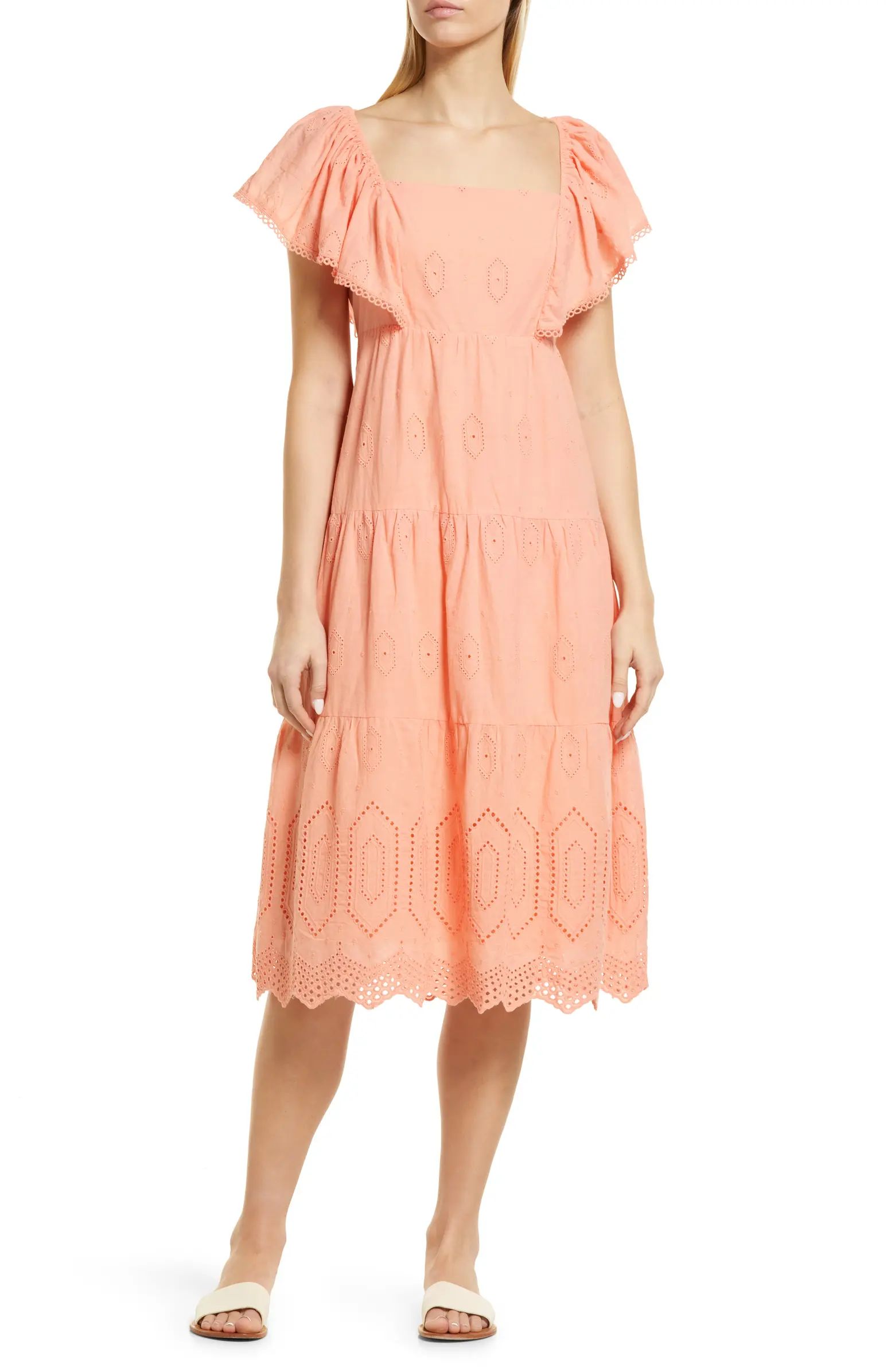 Caslon® Flutter Sleeve Cotton Midi Dress | Nordstrom | Nordstrom