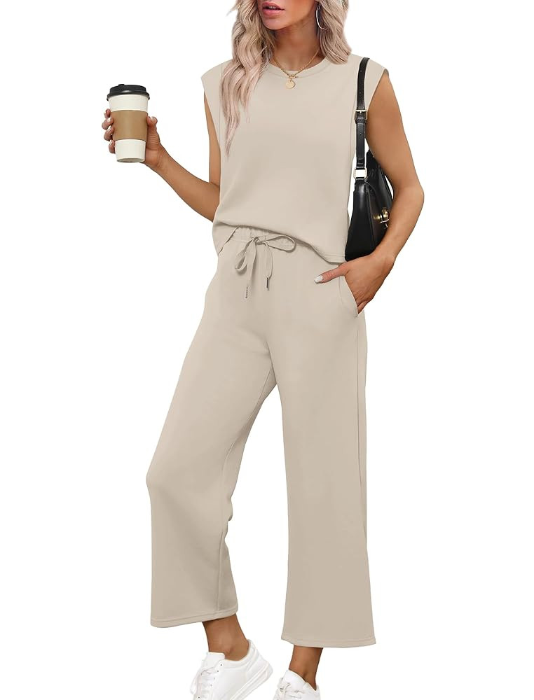 SAMPEEL Two Piece Sets for Women Casual Travel Vacation Outfits Summer Wide Leg Crop Pants Lounge... | Amazon (US)