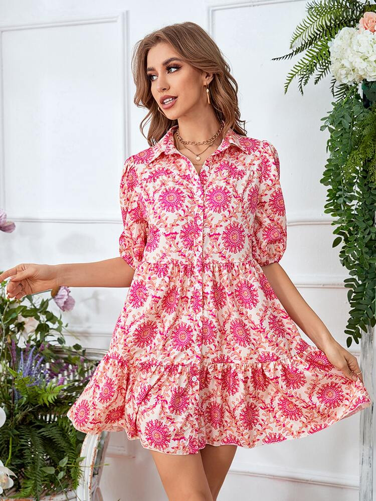 All Over Print Puff Sleeve Ruffle Hem Smock Dress | SHEIN
