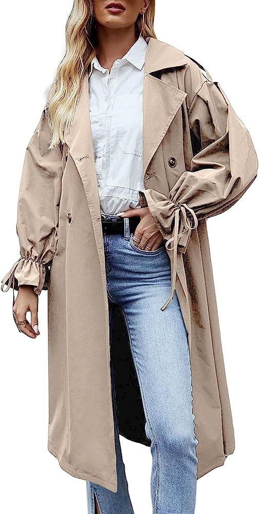 Womens Double Breasted Long Trench Coat Waterproof Lapel Lace Up Belted Fall Lightweight Windbrea... | Amazon (US)