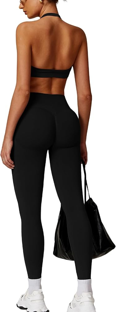 ABOCIW Workout Sets for Women Seamless Scunch Butt Lifting Impact Leggings Halter Sports Bra 2 Pi... | Amazon (US)