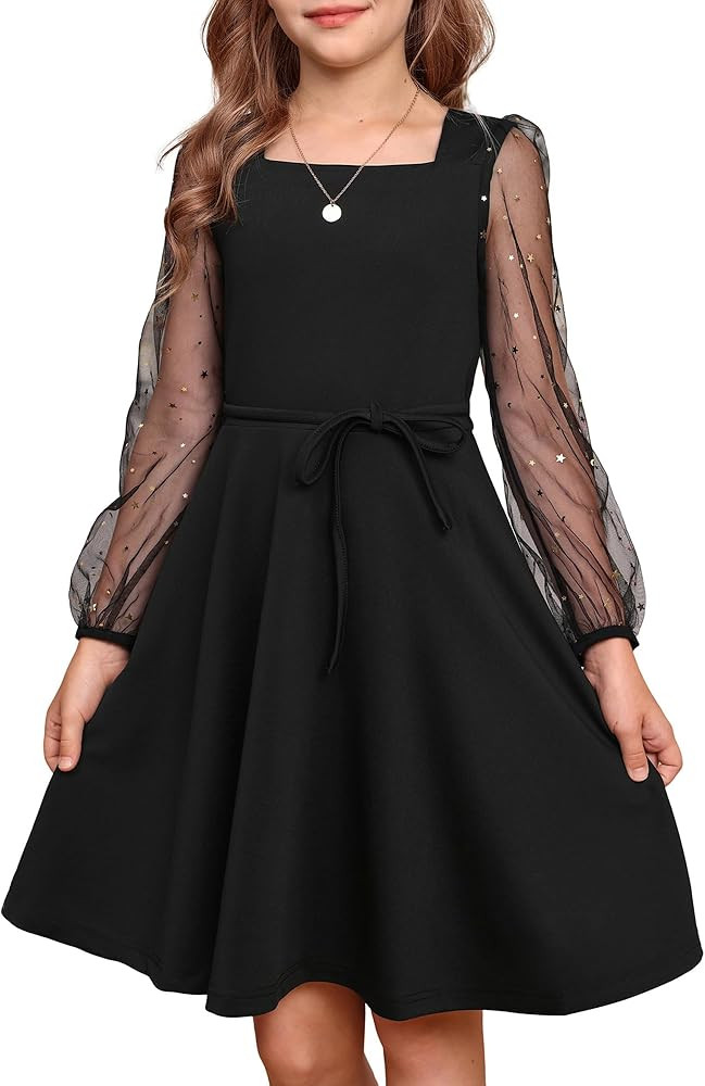 GRACE KARIN Girls Long Sleeve Dress Party Formal Contrast Mesh Puff High Waist Tie Square Neck 6-... | Amazon (US)