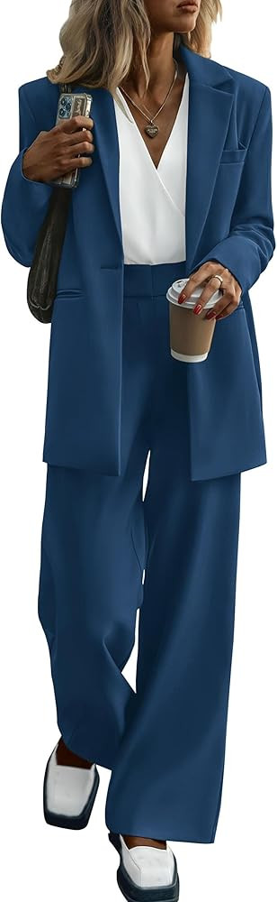 PRETTYGARDEN Women's 2024 Fall Two Piece Outfits Blazer Jacket and Wide Leg Pants Pockets Busines... | Amazon (US)
