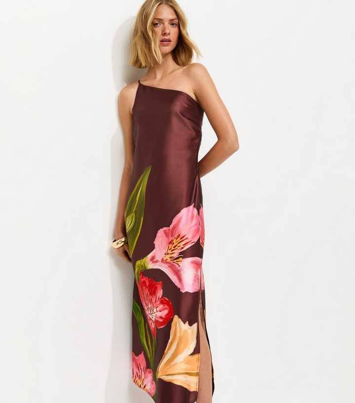 Brown Satin Floral One Shoulder Midi Dress | New Look | New Look (UK)