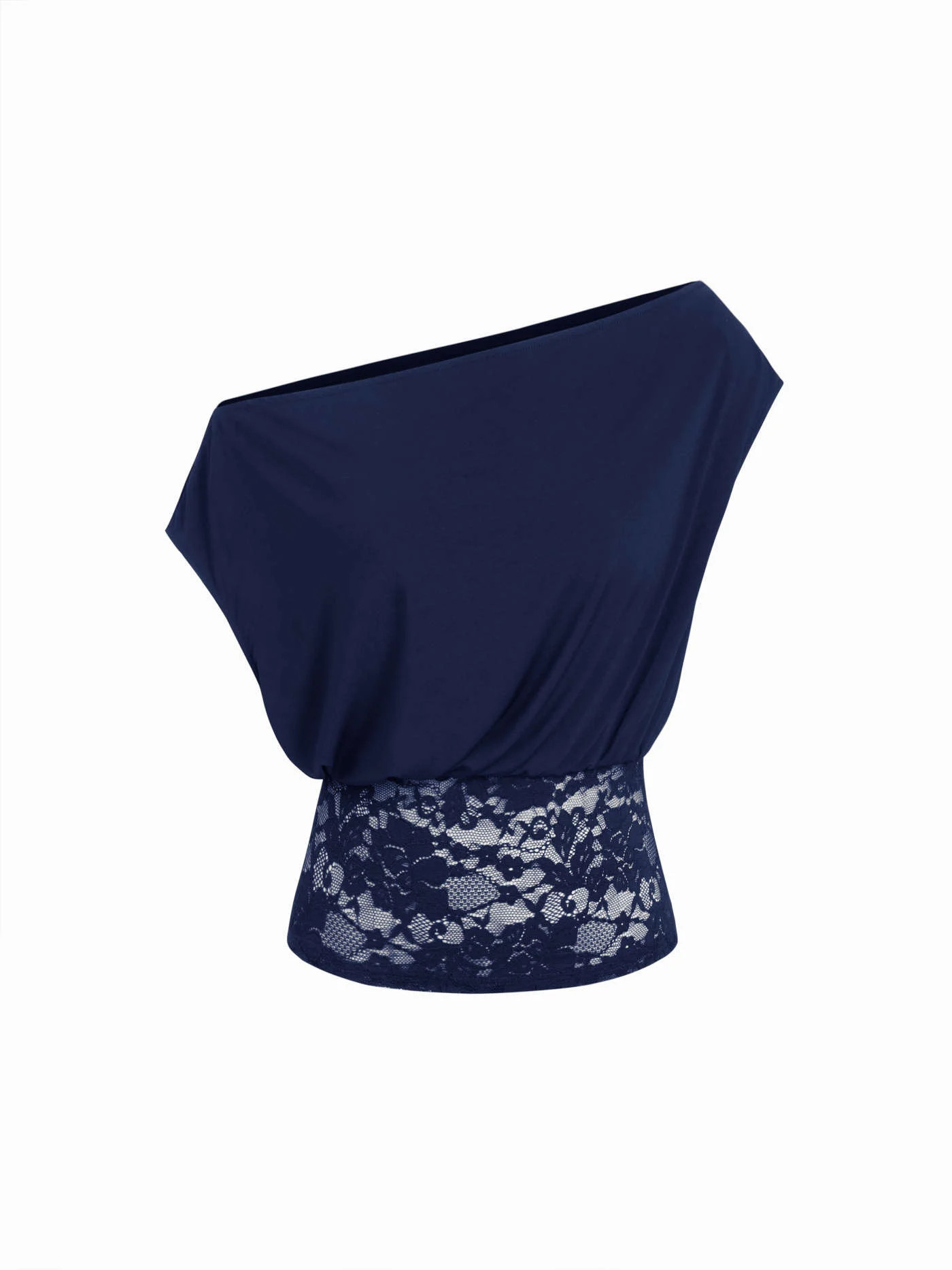 Knit Fabric Asymmetrical Neck Floral Lace Ruched Top For Daily Casual | Cider