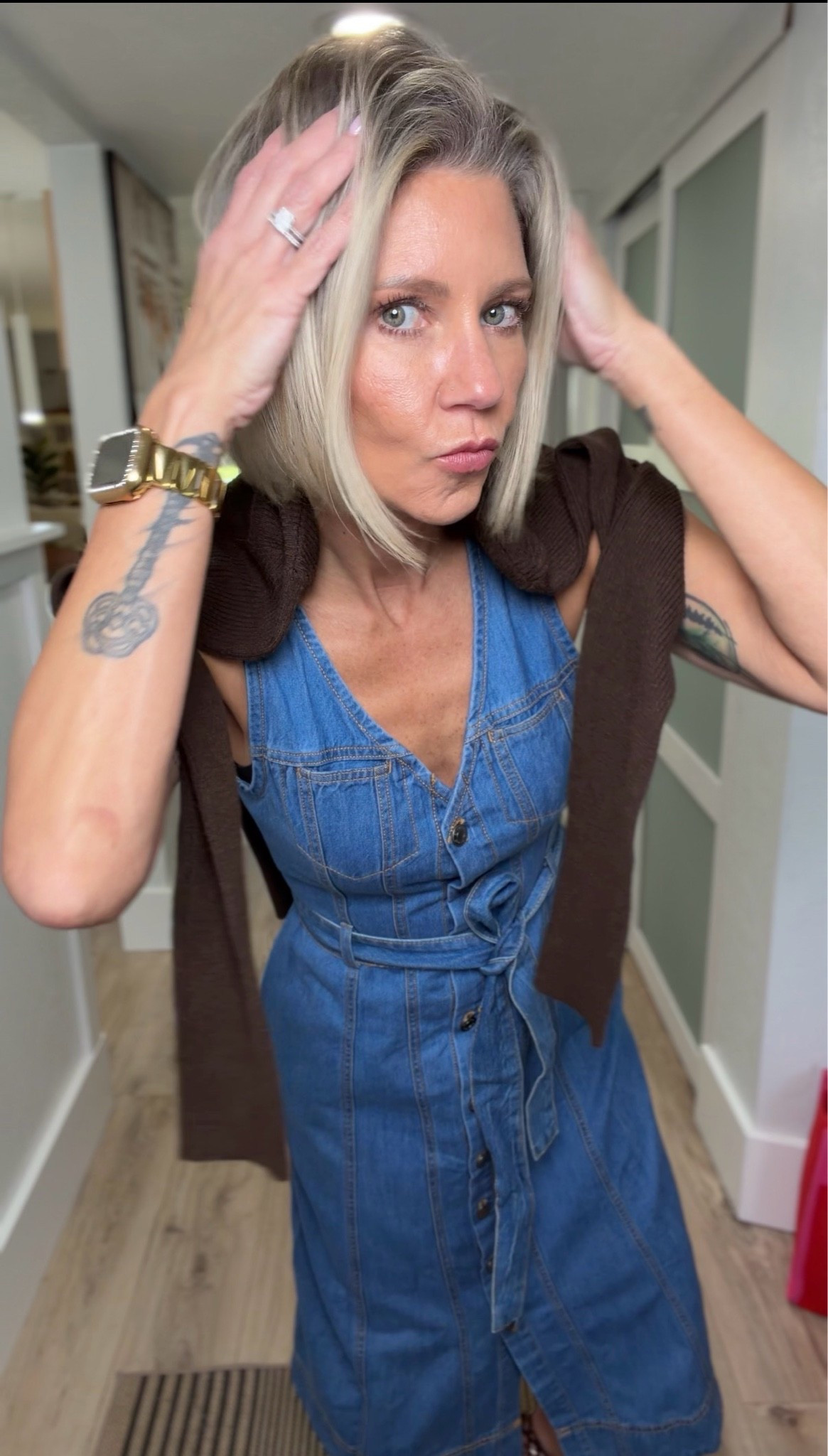 Denim dress and brown cardigan from Scenario @Walmart I’m wearing an XS in both.

#LTKgrwm #LTKootd #LTKOver40