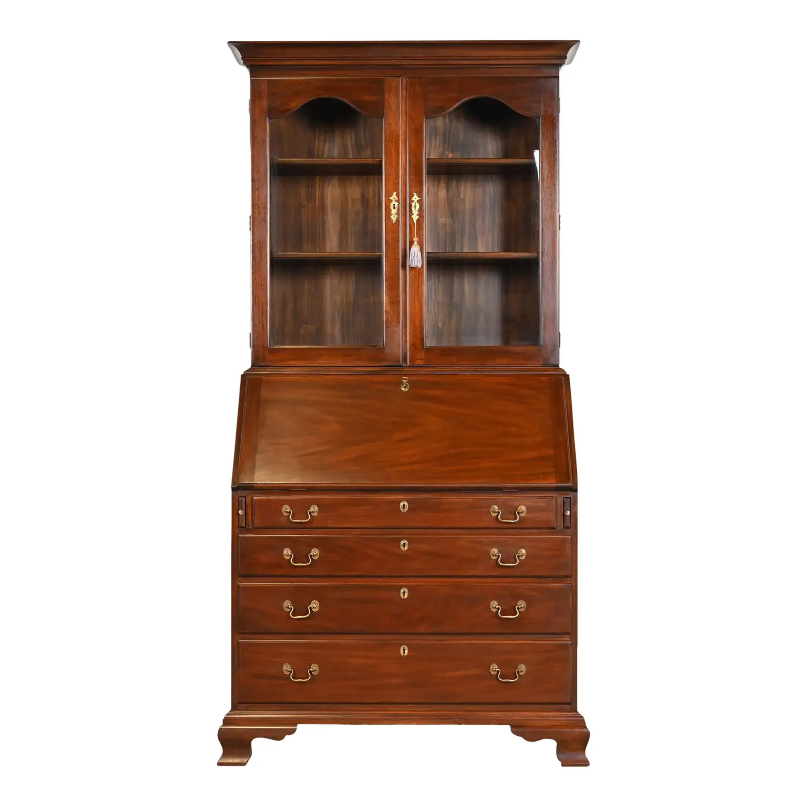 Henkel Harris Georgian Carved Mahogany Drop Front Secretary Desk With Bookcase Hutch | Chairish