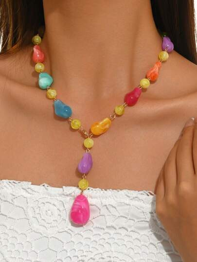 1pc Fashion Quality Multi-Color Plastic Beaded Y-Shaped Necklace With Spliced Flower, Water Drop, Heart Pendant, New Gold Chain Water Drop Rhombus Asymmetrical Resin Block, Multiple Y-Shaped Necklace Styles Available, Women's Party Holiday Long Necklace Suitable For Party, Vacation, Gift For Loved Ones, Holiday Gift, Plastic Position, Color, Pattern, Size Are Multi-Color Handmade, Each One Is Different - Size one-size | SHEIN