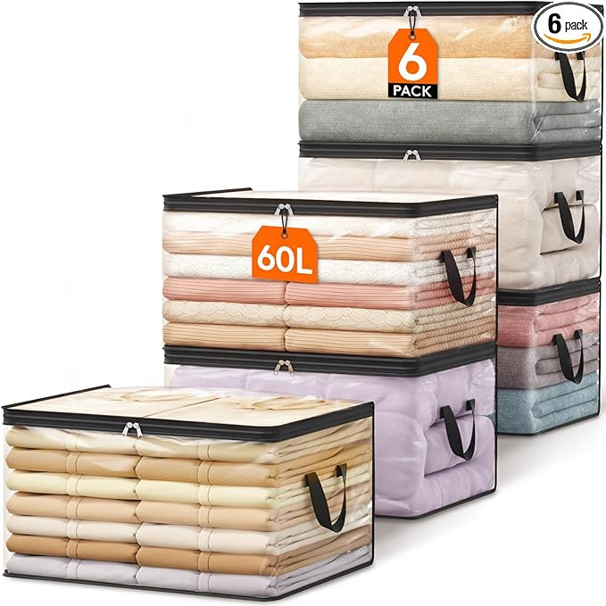 Lifewit 6 Pack Clear Clothes Storage Bags, 60L Plastic Blanket Vinyl Foldable Moving Bags with Zi... | Amazon (US)