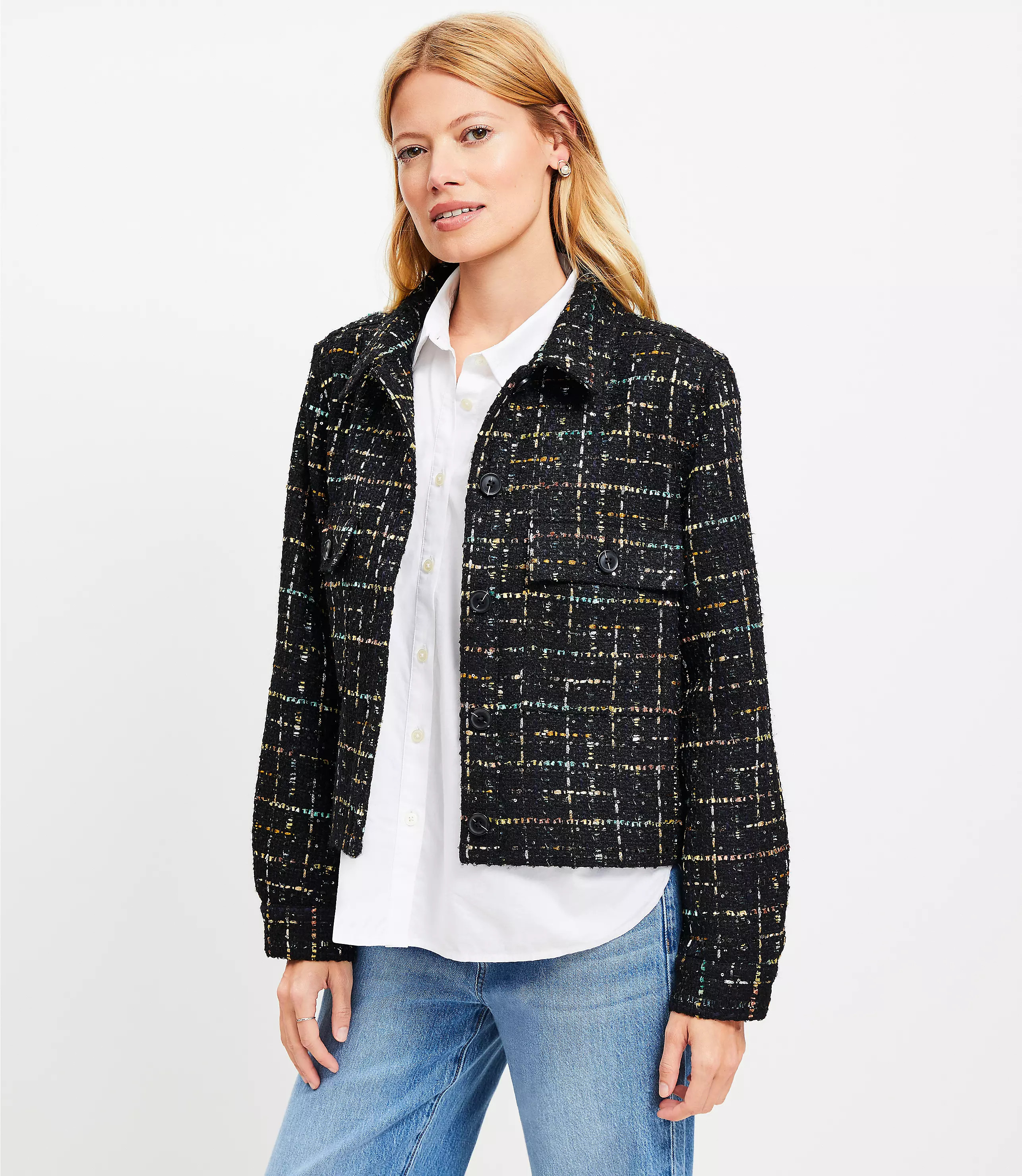 Sequin Tweed Cropped Shirt Jacket | LOFT