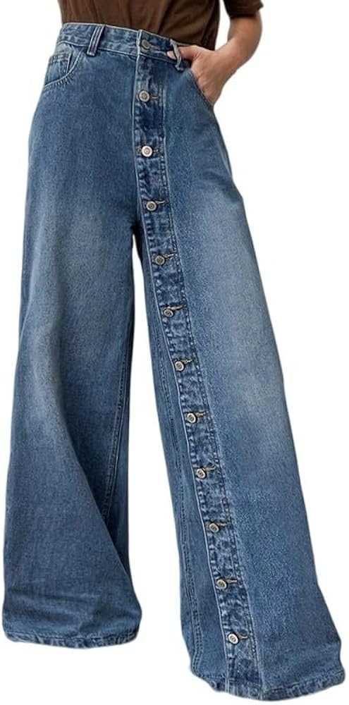 UOOZEE Ladies' Fashionable Retro High Waisted Single Breasted Jeans Casual Simple Wide Leg Denim ... | Amazon (US)