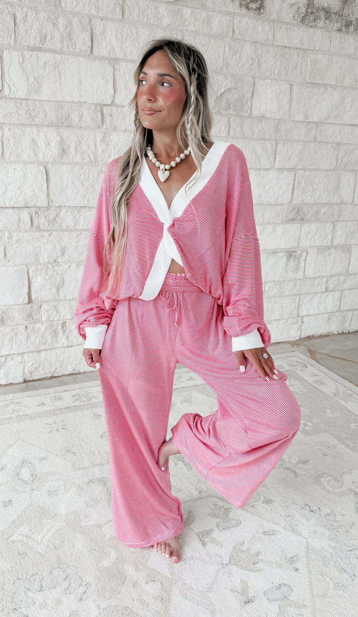 Just Beachy Reversible Twist - Front Top & Drawstring Casual Lounge Striped Pant Set | CK Squared Boutique