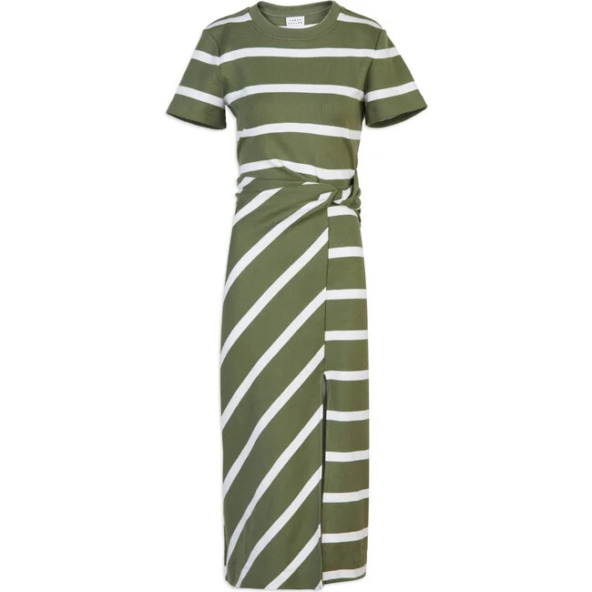 Tanya Taylor | Women's Short Sleeve Striped Cody Dress, Army/Cream | Organic Cotton (Green, Size Large) | Maisonette | Maisonette