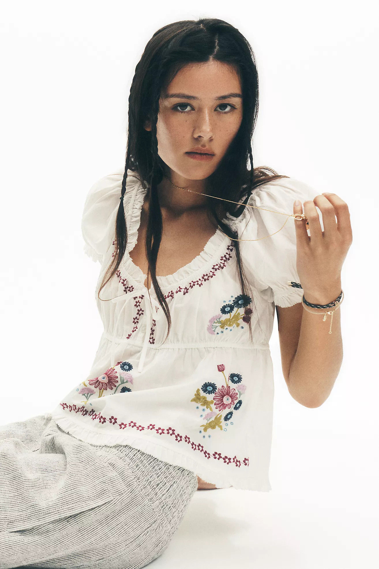 By Anthropologie Puff-Sleeve Embroidered Babydoll Top | Anthropologie (US)