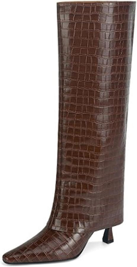 Goolita Women's Stiletto Heel Knee High Boots Square Toe Slip On Fold Over Boots For Women Leathe... | Amazon (US)