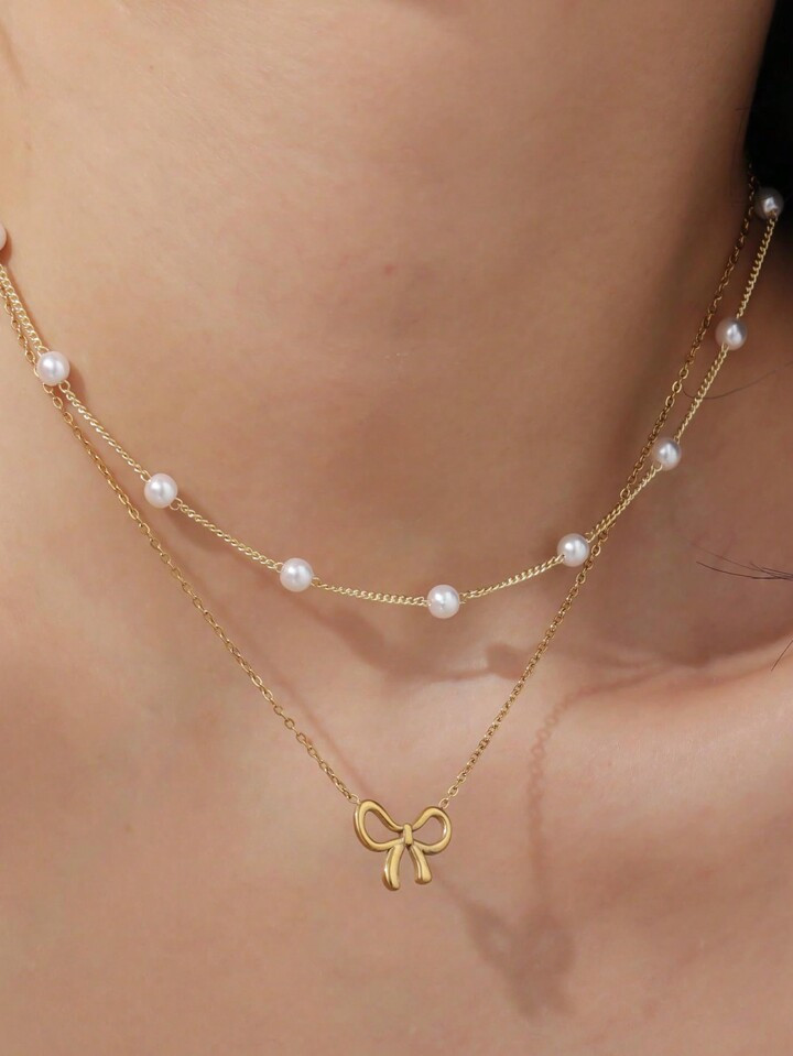 2Pcs Gold Faux Pearl Necklace And Bow Necklace Layered Necklace For Women Gold Bow Necklace Minim... | SHEIN