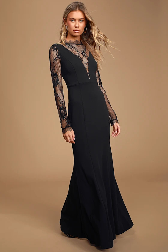 Lovely Ever After Black Lace Long Sleeve Mermaid Maxi Dress | Lulus (US)