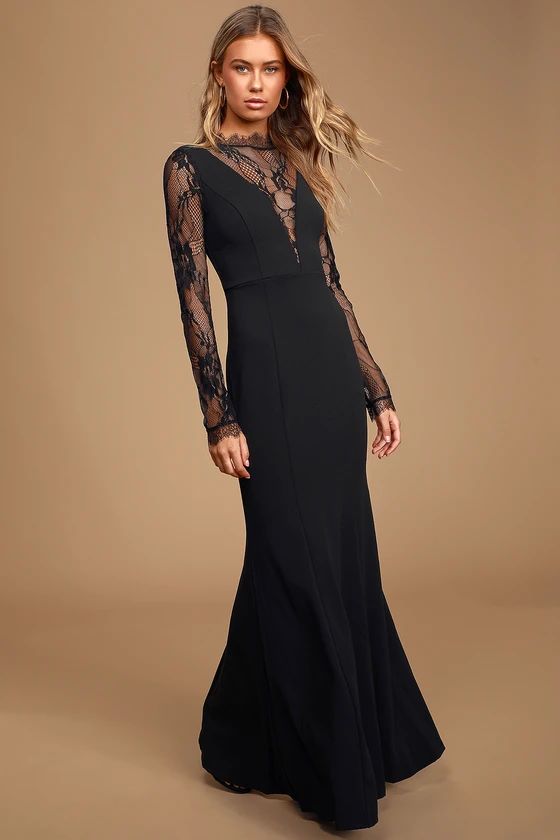 Lovely Ever After Black Lace Long Sleeve Mermaid Maxi Dress | Lulus (US)