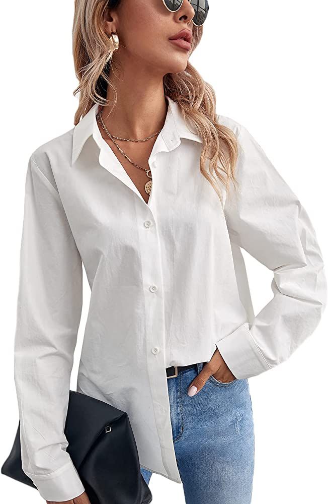 SheIn Women's Long Sleeve Button Down Shirt Solid Basic Workwear Blouse Tops | Amazon (US)