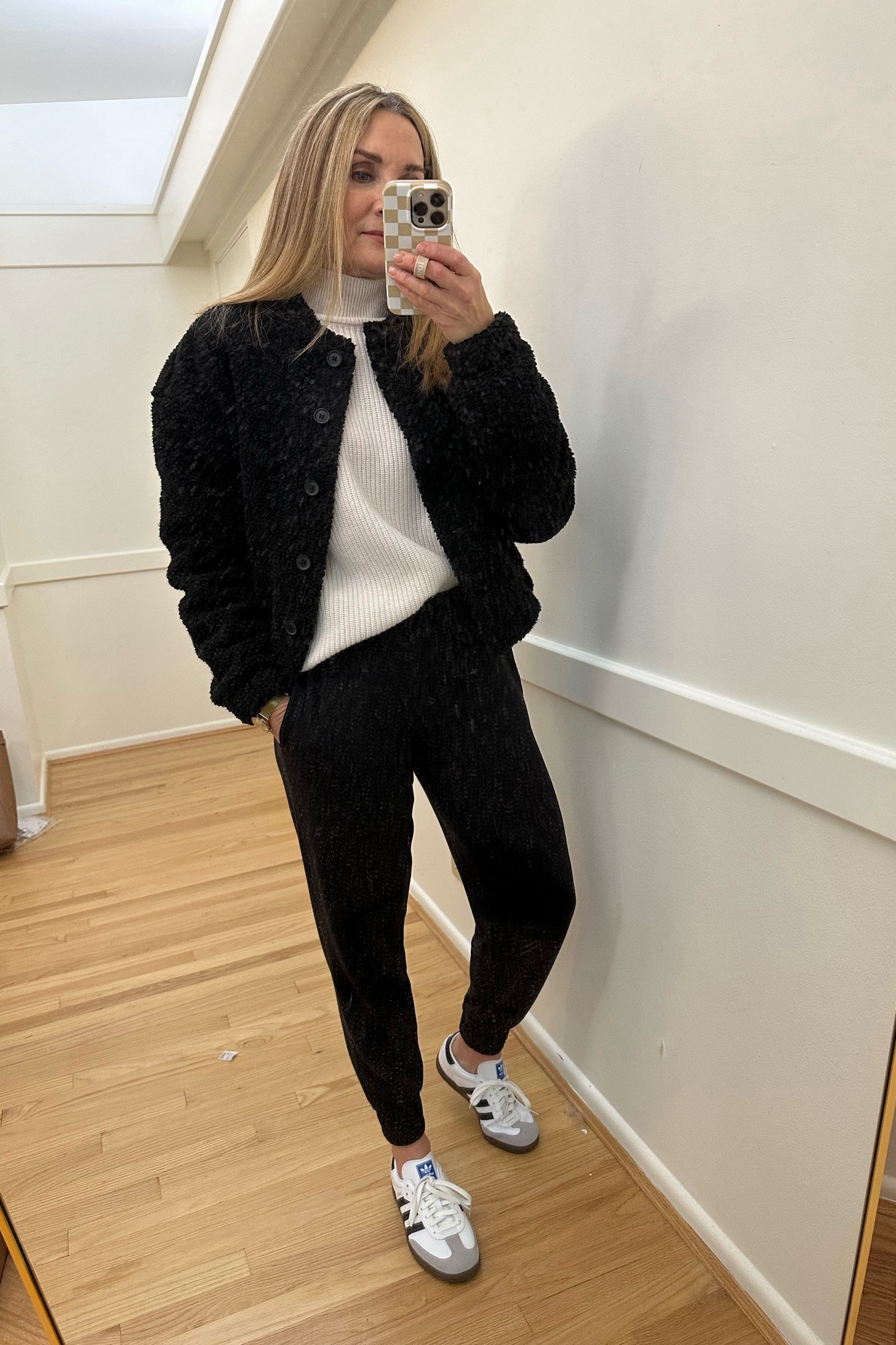 Casual winter outfit! Black teddy bomber jacket, Kohls black joggers, adidas samba sneakers, cream mock neck sweater. WAT the brand casual jacket 

#LTKfindsunder100 #LTKsalealert #LTKfindsunder50
