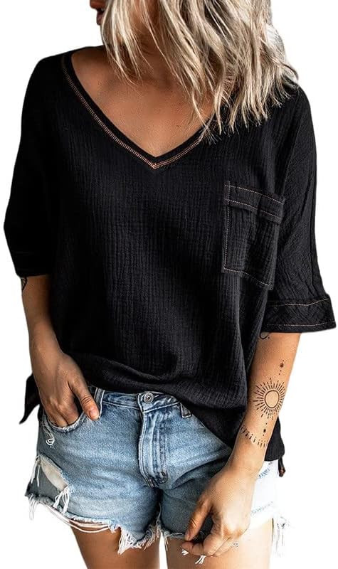 Dokotoo Womens 2023 Summer Spring 3/4 Sleeve V Neck Casual Loose Tunic Tops Blouses | Amazon (US)