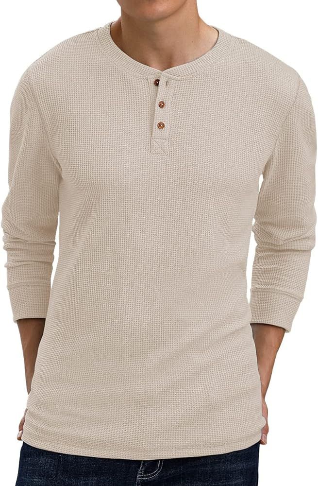 BINGHUODAO Men's Waffle Long Sleeve Shirt Henley Shirt for Men | Amazon (US)