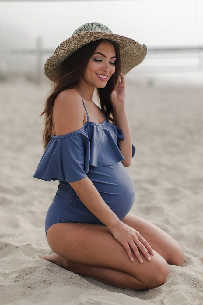 Blue Grey Ruffle Trim Ruched One-Piece Maternity Swimsuit | PinkBlush Maternity