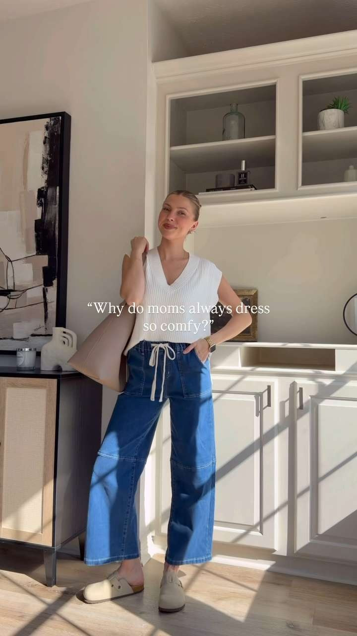 Easy + comfy mom outfit inspo! All are stretchy/perfect for postaprtum + nursing friendly. M in cardi, denim jacket, and overalls, 4 in both jeans, S in white tank, sweater vest, and long sleeve. 

 #LTKootd #LTKmomlife