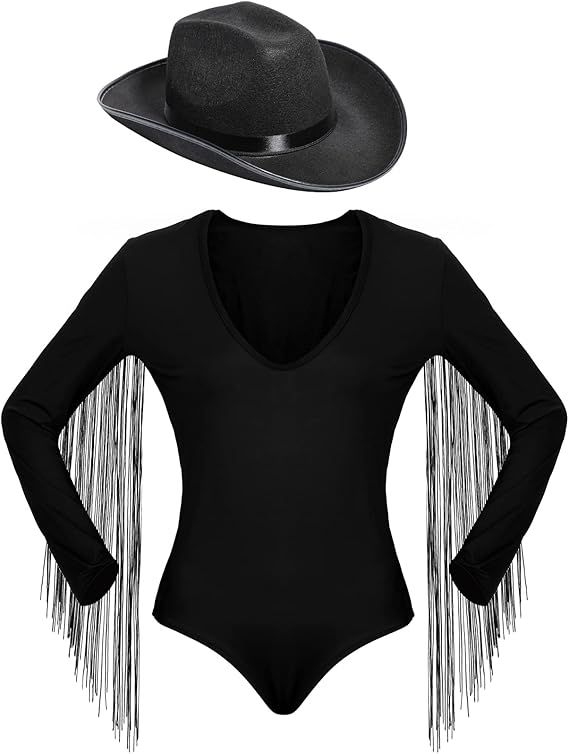Haysandy Women's Fringe Trim Long Sleeve Low Cut Bodysuit Top with Cowboy Hat, Cowgirl Outfits fo... | Amazon (US)