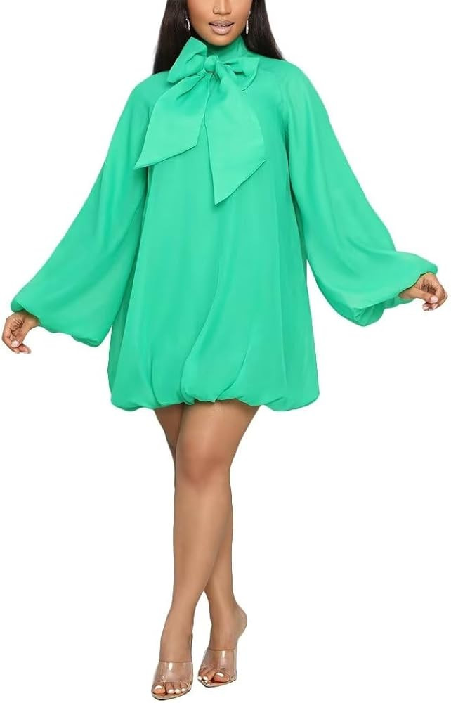 Yanfoam Women's Puff Long Sleeve Sweetheart Round Neck Dress Flowy Loose Chiffon for Cocktail Par... | Amazon (US)