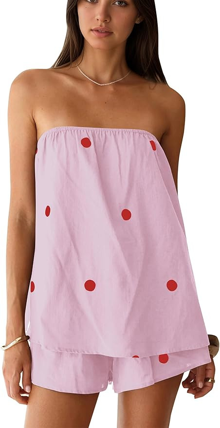 Polka Dot 2 Piece Shorts Set Summer Lounge Sets Strapless Top and Shorts Matching Airport Travel ... | Amazon (US)