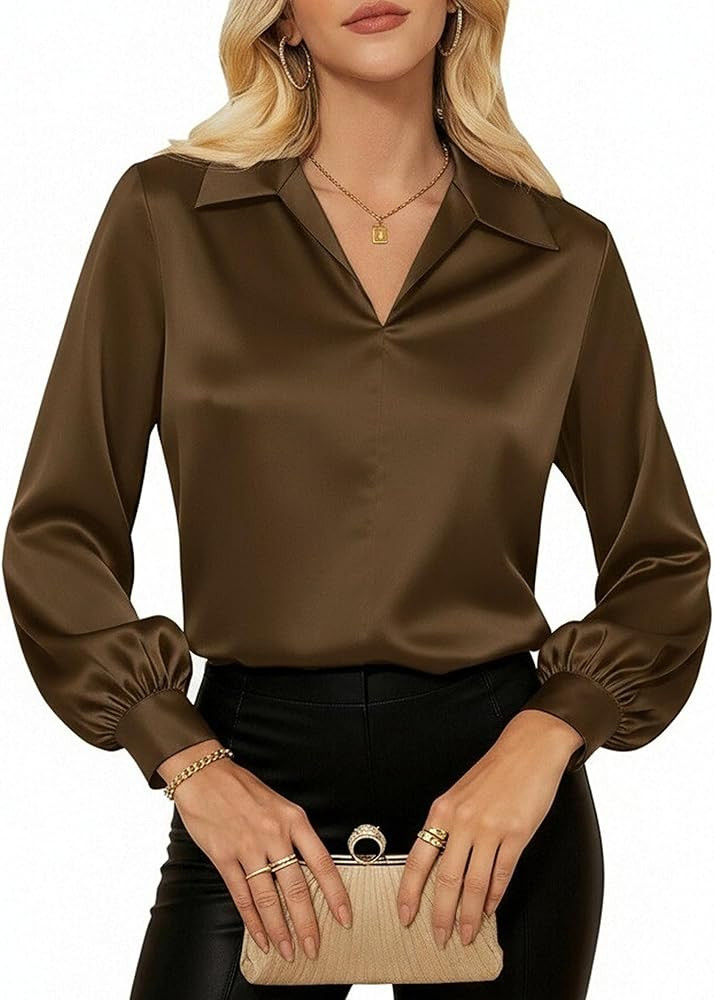 GRACE KARIN Business Casual Tops for Women Satin Silk Blouse Collared V Neck Long Sleeve Work Shi... | Amazon (US)