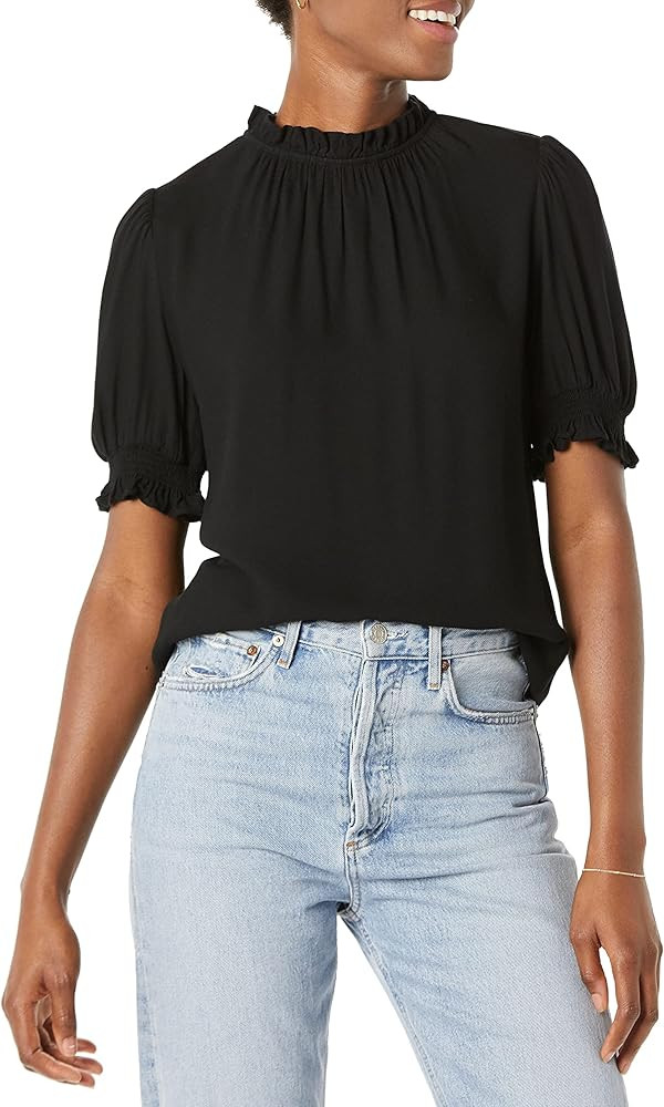 Amazon Essentials Womens Fluid Twill Short Puff Sleeve Smock Detail Shirt | Amazon (US)