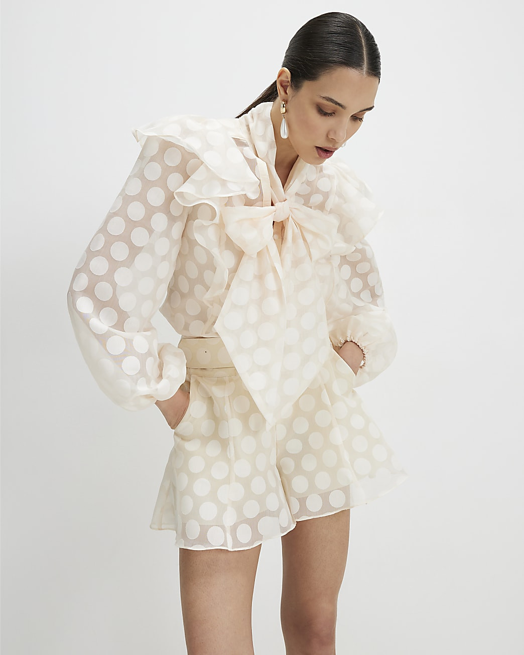 Cream Pussybow Polka Dot Blouse | River Island UK & IE