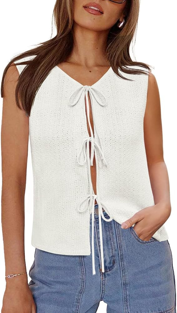 Yousify Women’s Tie Front Sweater Vest 2025 Summer Sleeveless Crochet Knit Tops Lightweight Car... | Amazon (US)