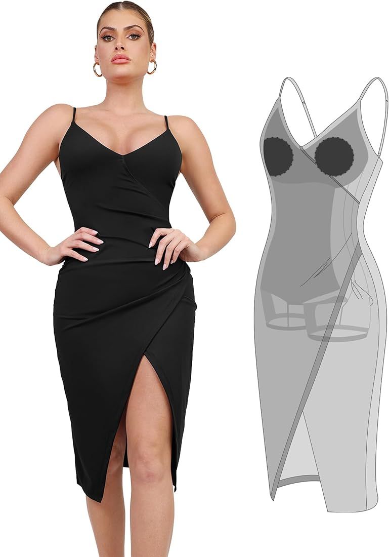 Popilush Cute Dress with Built in Shapewear V-Neck Slit Shaper Dress Tummy Control Midi Dress Bod... | Amazon (US)